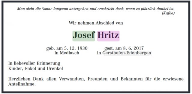 Hritz Josef 1930-2017 Todesanzeige